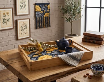 Può includere: Un vassoio da portata rettangolare in legno con un motivo floreale blu scuro e fiori gialli sulla base. Il vassoio contiene una teiera blu scuro, una piccola tazza abbinata, una composizione di fiori secchi e un tovagliolo di lino a righe.