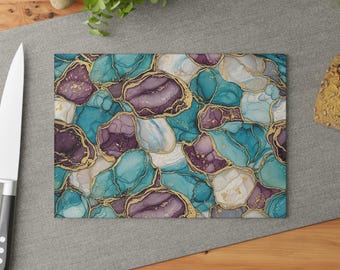 Tabla de cortar de vidrio con diseño de ágata verde azulada y púrpura / Diseño de piedra geoda