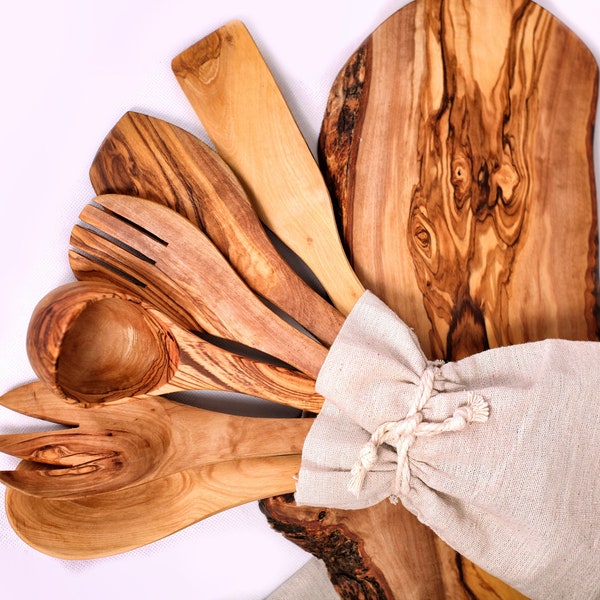 Personalized Olive Wood Utensils Sets, Kitchen Utensils Set, Wooden Kitchenware, Spatula and Spoon Set, Cooking Utensils