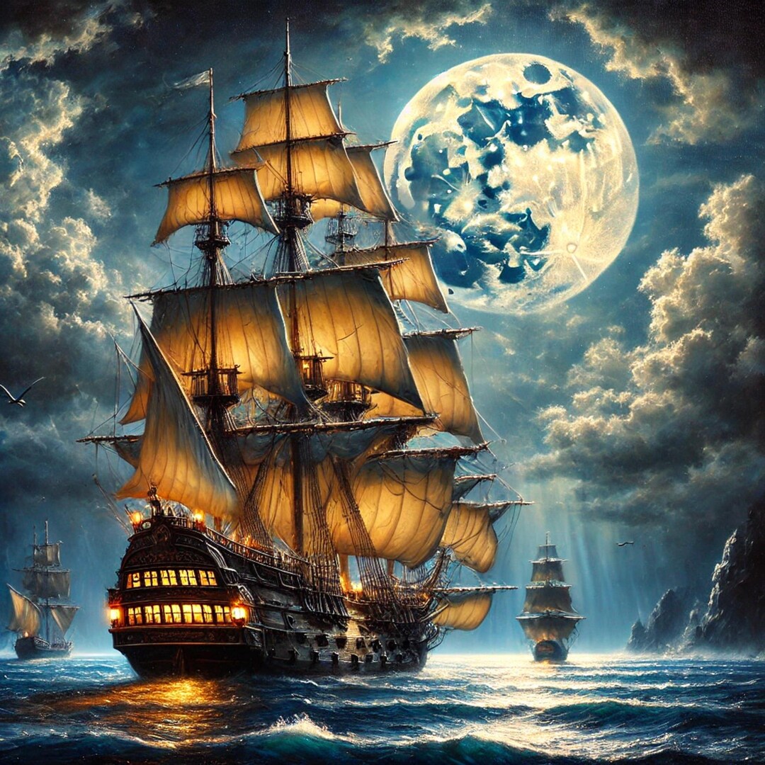 Moonlit Voyage: A Majestic Sailing Ship Oil Painting - Etsy