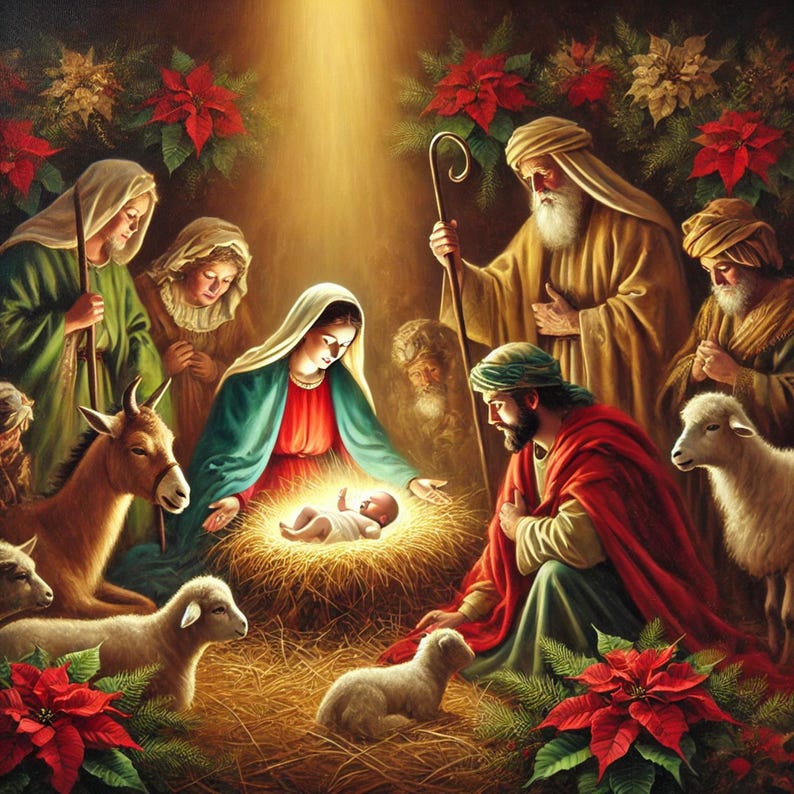 A Beautifully Detailed Oil Painting of a Traditional Nativity Scene