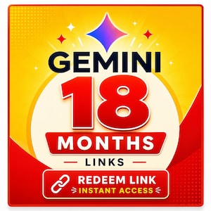 Può includere: Una grafica quadrata con sfondo giallo e rosso che presenta il testo GEMINI 18 MONTHS LINKS. Sotto, un pulsante rettangolare rosso contiene il testo REDEEM LINK INSTANT ACCESS con un'icona a forma di maglia di catena bianca a sinistra.