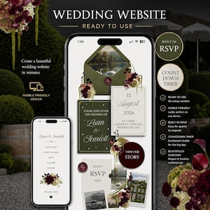 Puede incluir: Una visualización digital de una plantilla de sitio web de bodas en dos teléfonos inteligentes, con esquemas de color verde oscuro y blanco, acentos florales y texto que incluye Liam y Scarlett, 11 de agosto de 2026, Cable Bay Vineyard y detalles de RSVP.