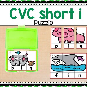 May include: A CVC short i puzzle with three different images: a pig, an elephant, and a shark. Each image is divided into three sections, with the letters p-i-g, b-i-g, and f-i-n written below each section.