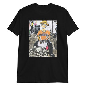 May include: A colorful illustration of a person playing a drum in a subway station. The person is wearing a yellow hat, orange shirt with the words "New York Knicks" on it, and blue jeans. The drum is surrounded by money. The background shows a subway station with a sign that says "42nd Street".