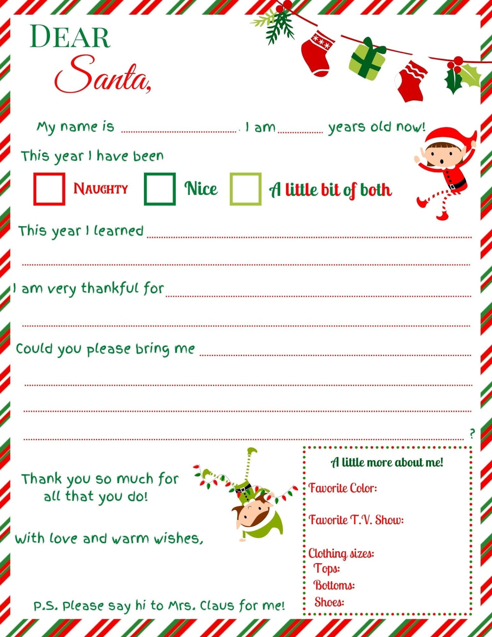 Printable Letter to Santa- Cute Red and Green Wish List &amp; Gratitude ...