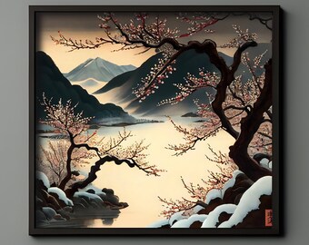 Printed Wall Art | Blossoms On A Snowy Day In The Mountains #1 | Home Decoration | AI Generated