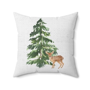 Evergreen Winter Tree & Deer Pillow cover, deer pillow covers, fawn and snow, winter wonderland, hygge style,  fawn pillow, evergreen tree