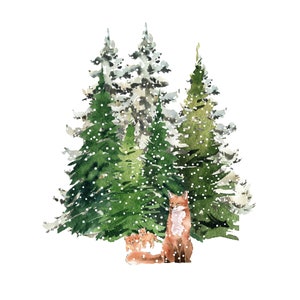 Puede incluir: Pintura acuarela de una familia de zorros en un bosque nevado. La madre zorra est&aacute; sentada con sus dos cachorros frente a un grupo de pinos. Los &aacute;rboles est&aacute;n cubiertos de nieve y la escena est&aacute; pintada en un estilo suave y caprichoso.