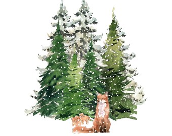 Mother Fox & Kits Digital Art download, Winter Wonderland Woodland Series, evergreen tree, snow scene art, woodland animals, hygge style