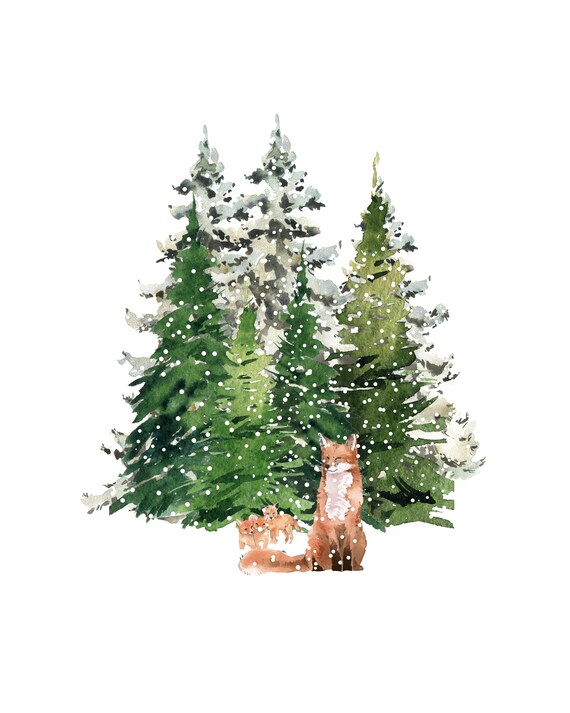 Mother Fox & Kits Digital Art download, Winter Wonderland Woodland Series, evergreen tree, snow scene art, woodland animals, hygge style