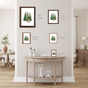 Puede incluir: Una maqueta de una pintura de acuarela de una escena de bosque con un ciervo en primer plano. La imagen muestra la pintura en diferentes tama&ntilde;os, incluyendo 16x20 pulgadas, 11x14 pulgadas, 8x10 pulgadas, 5x7 pulgadas y A4 (21x29 cm).