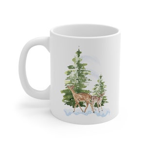 Doe & Fawn in the snow mug, Winter Woodland Wonderland Series, evergreen tree mugs, snow scene mugs, cozy winter mugs, Mom mugs, hygge style