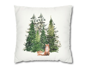 Winter Wonderland, Mother fox with kits, Faux Suede Square Pillow Case, watercolors, fox in snow, cottage core, hygge, woodland animals