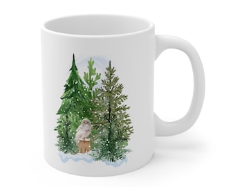 Snow Owl mug, Winter Wonderland Woodland Series, evergreen tree mugs, snow scene mugs, woodland animals, hygge style, owls