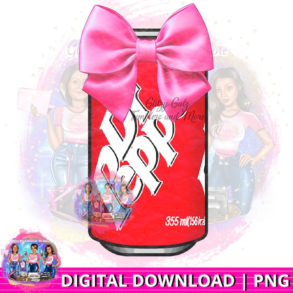 Soda Pop Drink Design PNG, Drink Can with Pink Bow Digital Download, Soda Can Printable Image, Use for Sublimation, DTF, DTG, etc