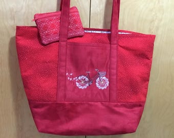 Borsa da giorno rossa da bicicletta con tasca ricamata: borsa da viaggio, borsa per la spesa, bagaglio a mano, borsa per pannolini, borsa da lavoro. Include borsa bonus.