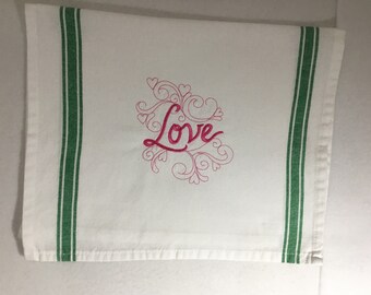 Love Hearts Embroidered Tea Towel