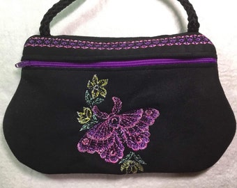 Borsa con cerniera Purple Moth ricamata - borsa con cerniera foderata, borsa da sera, borsa da ballo, piccola borsa da sera (con tracolla)