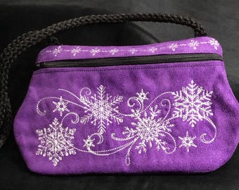 Borsa a mano con fiocchi di neve viola ricamati per le feste - Borsa a mano con cerniera foderata, borsa da sera, pochette, borsa da ballo, piccola borsa da sera (con cinturino da polso).