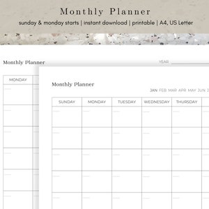 Monthly Calendar Template | Minimal Design, Monday & Sunday Start Monthly Calendar | US Letter, A4