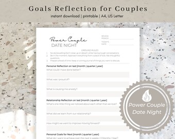 Peut inclure: Une feuille de travail imprimable intitulée "Réflexion sur les objectifs pour les couples" avec un fond beige. La feuille de travail comprend des sections pour la réflexion personnelle et relationnelle, ainsi que des objectifs personnels pour le mois, le trimestre ou l'année à venir. La feuille de travail comprend également une section sur les règles de base à suivre pour les couples pendant leur soirée de rendez-vous.