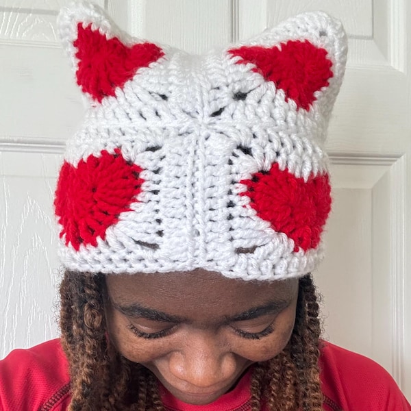 Heart Cat Ear Beanie | Granny Square Heart | Heart Granny Square Cat Ear Beanie | Valentine's Day Hat | Heart Hat | Valentine's Day Gift