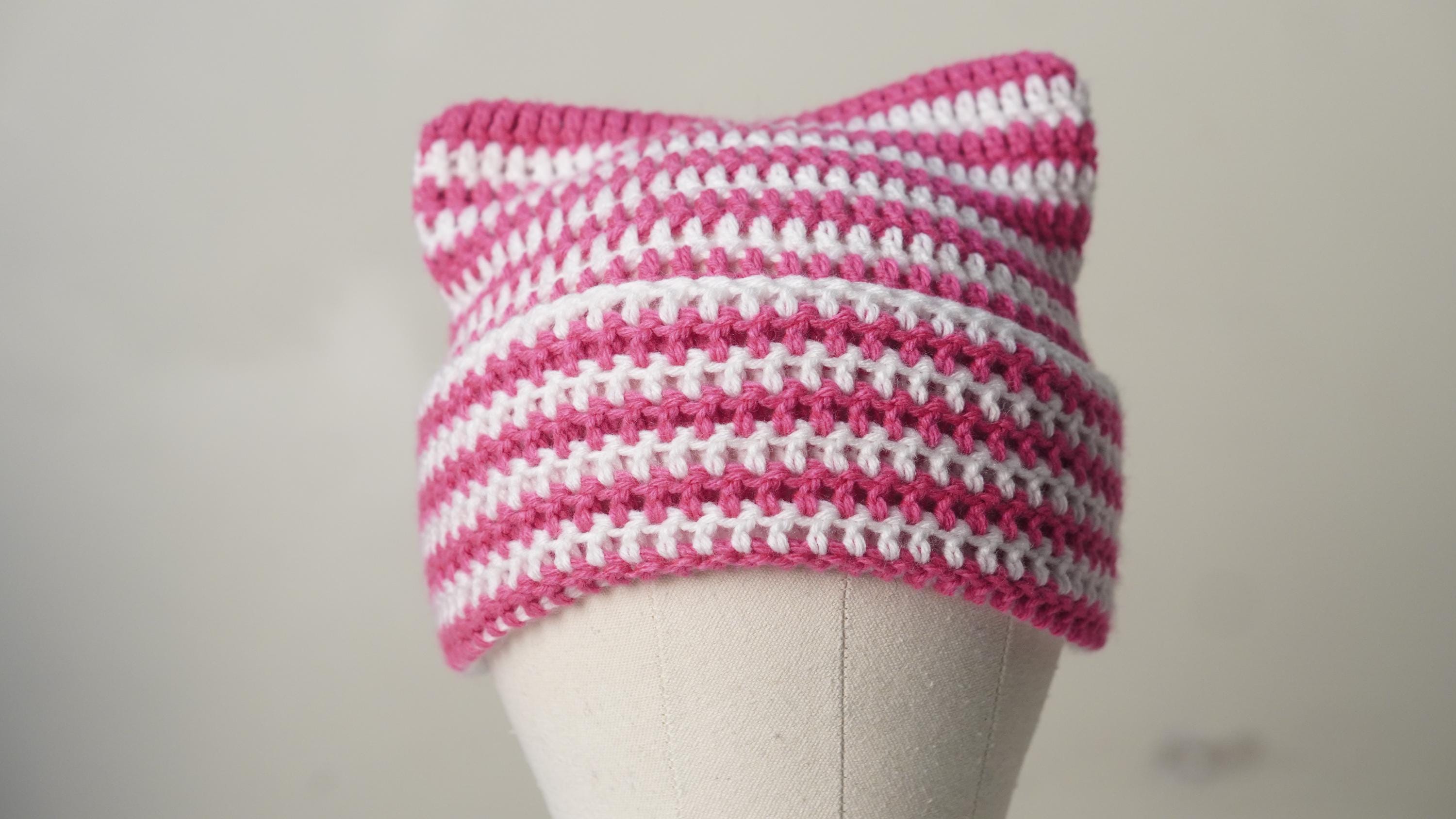 Handmade Pink Striped Crochet Cat Ear Beanie Women Mens Crochet Lovely Cat Ear Beanie Hat Knitted Striped  main image 4