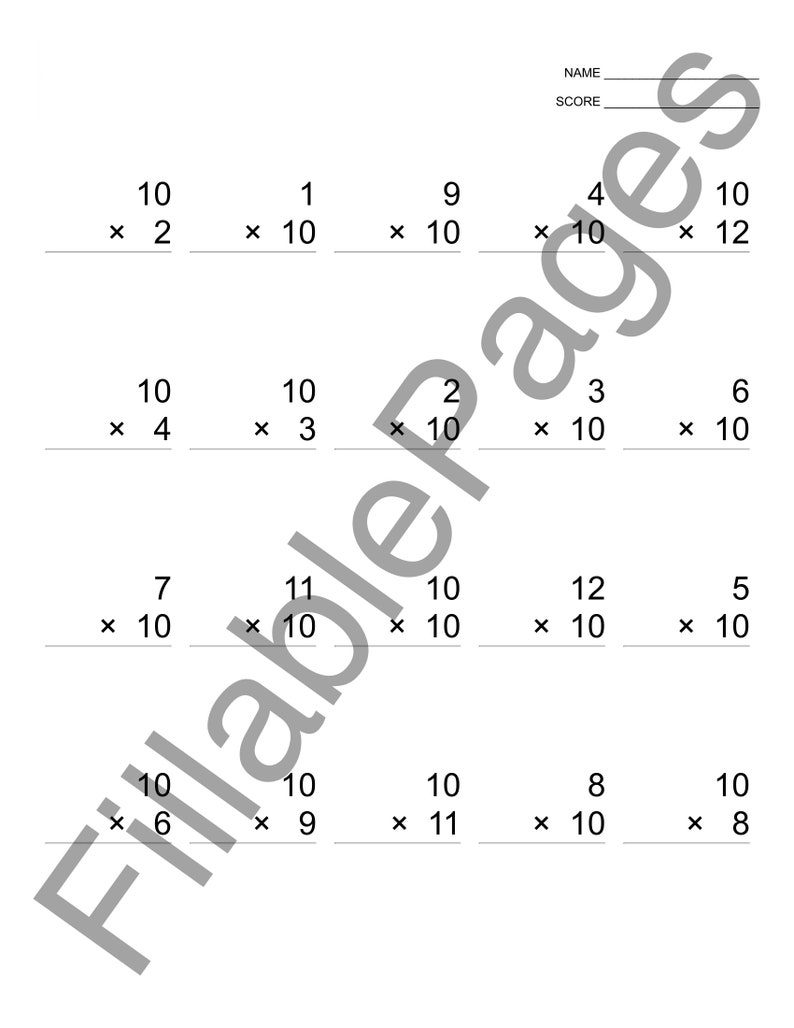10 Multiplication Worksheets 10x1 to 10x12 Minute Math Quiz