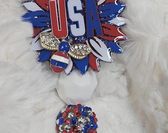 Patriotic Sunflower Badge Reel: USA Red White Blue Bee