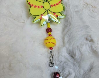 Sports Bow Badge Reel: Glitter Softball, Baseball, Football, Soccer
