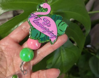 Flamingo "Be Flamazing" Badge Reel: Glitter Alligator Clip Retractable ID Holder