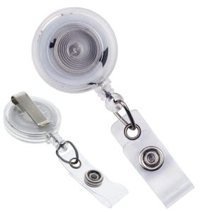 May include: Two clear plastic retractable badge holders with metal clips and snap closures. The badge reels have a circular design with a visible internal spring mechanism. One has a metal clip, and the other has a clear plastic strap.