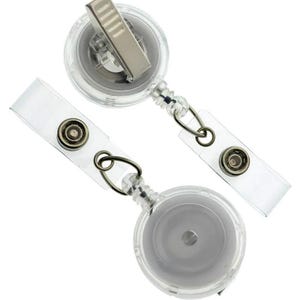 May include: Two clear plastic retractable badge holders with metal clips and clear straps. The badge reels have a circular design with a silver-coloured metal clip on top and a clear strap with a metal snap closure.