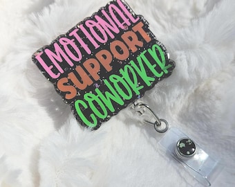 Emotional Support Co-Worker Badge Reel: Glitter Alligator Clip Retractable ID Holder