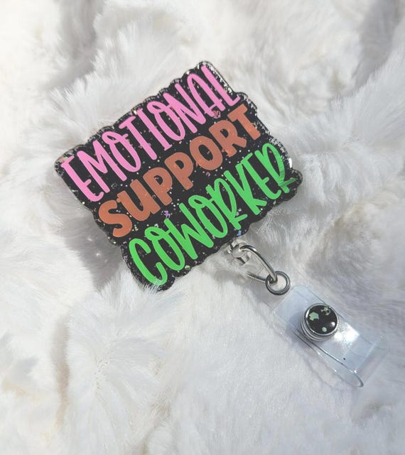 Emotional Support Co-Worker Badge Reel: Glitter Alligator Clip Retractable ID Holder