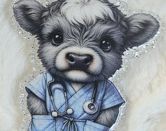 Highland cow in scrubs Badge Reel: Doctor Nurse Glitter ID Holder