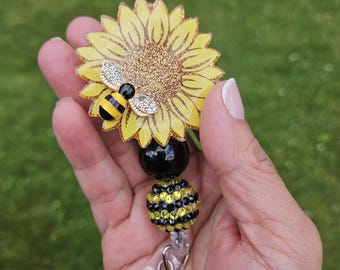 Sunflower Badge Reel: Honey Bee,  Summer Bee, Glitter I.D. Holder