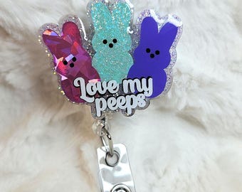 Easter Peeps Badge Reel: 3 Bunnies, Glitter ID Holder