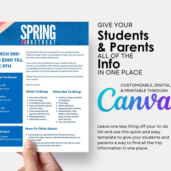 Youth Trip Information Handout | Canva | Template | Retreat | Youth Ministry | Student | Camp | Church | Printable | Download | Volunteer