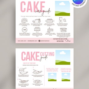 CANVA ケーキのお手入れとカットガイドカード編集可能テンプレート、ケーキのお手入れ印刷可能カード、ケーキの盛り付け手順、ケーキのお手入れカード