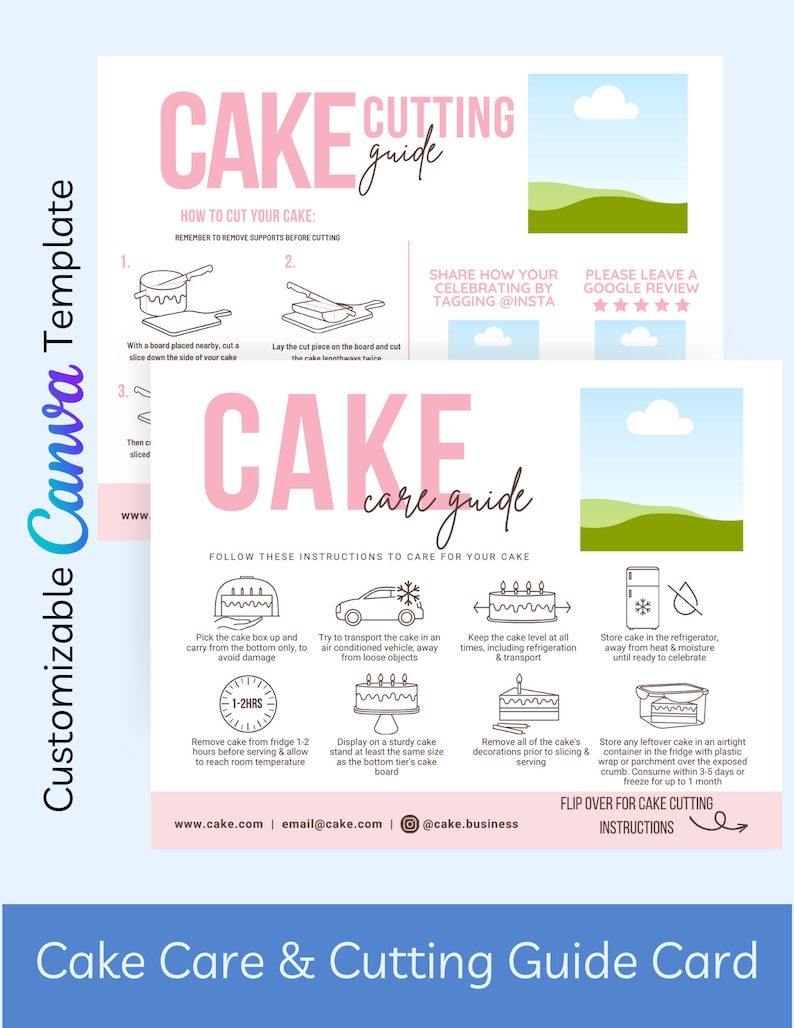 Cake Care & Cutting Guide Card: Editable Canva Template (digital ...
