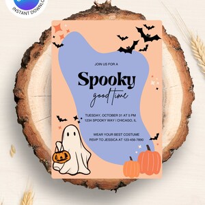 編集可能なパステルカラーのハロウィンパーティー招待状、コスチュームハロウィンパーティー招待状、ハロウィンの誕生日招待状、不気味な誕生日、Canva
