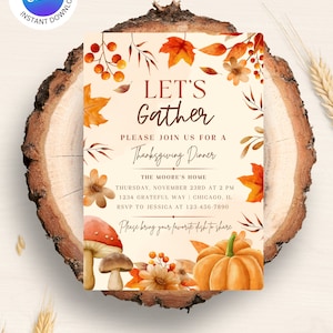 Editable Thanksgiving Dinner Invitation, Fall Dinner Party Invitation, Thanksgiving Invitation, Lets Gather Invitation, Canva