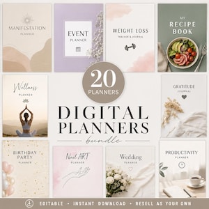 Peut inclure: Un ensemble de 20 agendas numériques avec des thèmes variés, tels que la lecture, le bien-être et les voyages. Chaque agenda présente une couverture unique avec des couleurs douces et des illustrations minimalistes. Le lot comprend des agendas pour la perte de poids, l'organisation d'événements, etc.