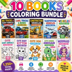 Puede incluir: Un conjunto de diez libros para colorear con varios temas, incluyendo vehículos, animales y sirenas. Cada portada presenta ilustraciones coloridas y el número de páginas. El conjunto incluye más de 1.250 páginas en total y es adecuado para niños.