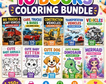 May include: A bundle of ten coloring books with various themes, including vehicles, animals, and mermaids. Each book cover features colorful illustrations and the number of pages. The bundle includes over 1,250 total pages and is suitable for kids.