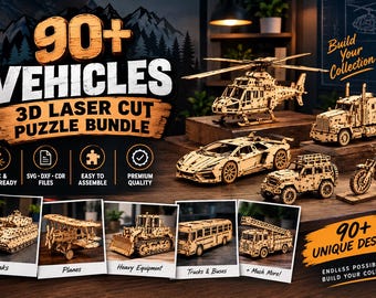 90+ fordon, 3D-laserskurna pusselpaket, svg dxf cdr-filer, trästridsvagnar, flygplan, lastbilar, bilar, glowforge cnc-klar
