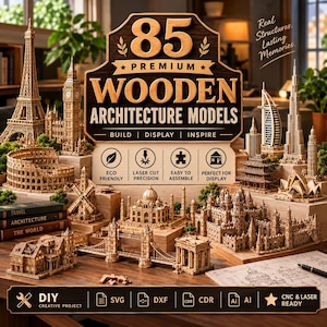 Könnte beinhalten: Eine Sammlung von 85 hochwertigen Holz-Architekturmodellen, darunter berühmte Wahrzeichen wie der Eiffelturm, Big Ben und das Taj Mahal. Das Set enthält lasergeschnittene Holzstrukturen, Baupläne sowie Textangaben zur Kompatibilität mit SVG-, DXF-, CDR- und AI-Dateien für kreative DIY-Projekte.