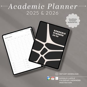 以下が含まれることがあります： 2025年と2026年の2つのデジタルアカデミックプランナー。1つは学期時間割を表示し、もう1つは白の抽象的な形と「Academic Planner 25/26」のテキストが入った黒い表紙です。GoogleとAppleカレンダーの統合が含まれています。